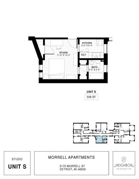 Floor plan for studio, 1 bath, 338 sqft